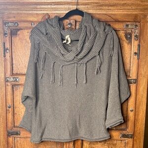 Mystree Taupe Cowl Neck Fringe Boxy Yarn Sweater wool Cashmere blend Sz M/L